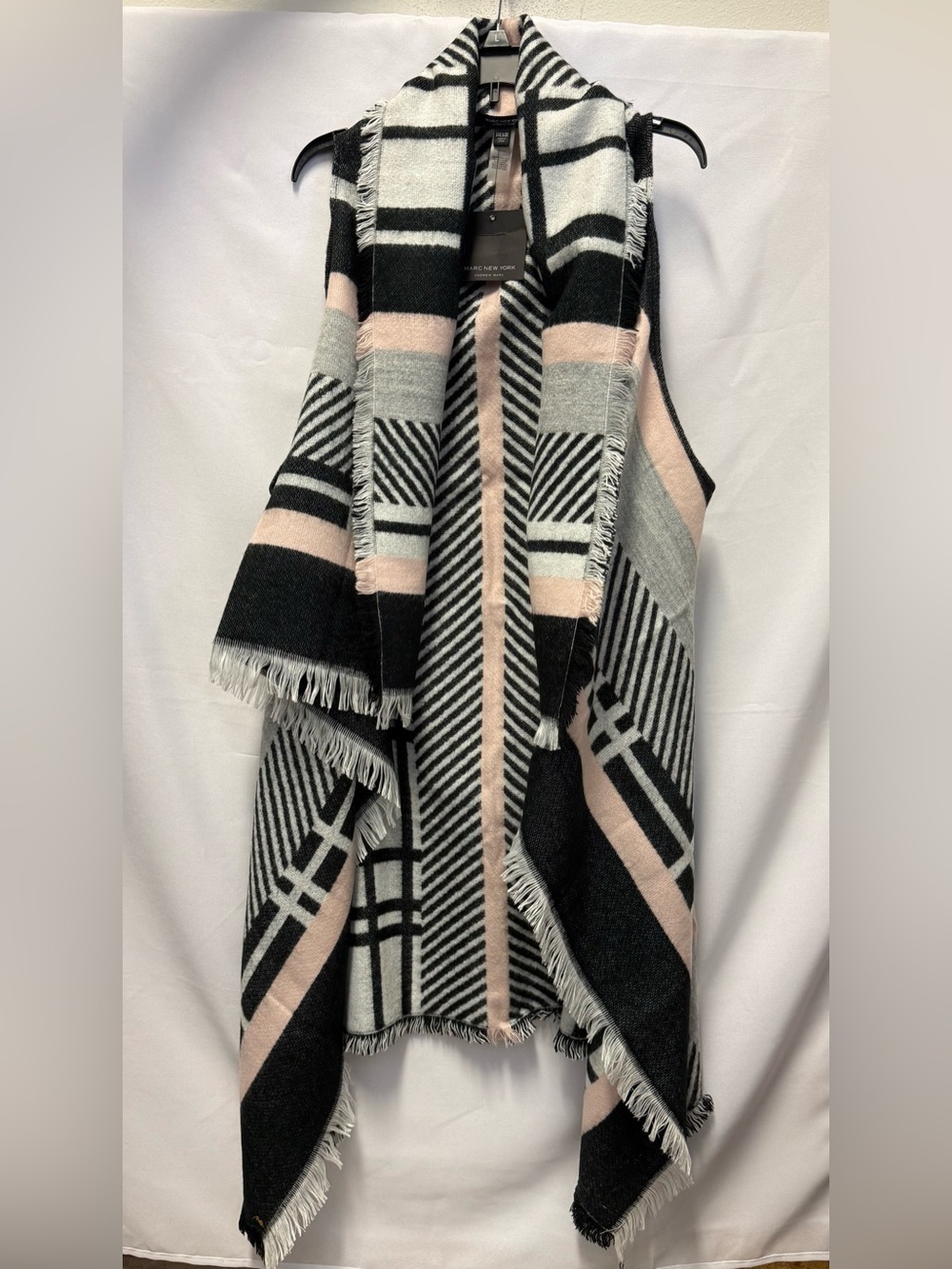 Marc New York Black, Gray & Pink Geometric Fringe Long Vest
